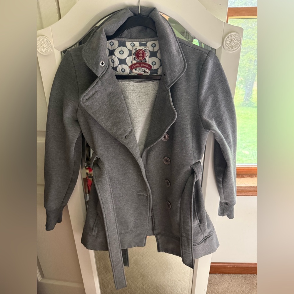 Classic Pea Coat Style Gray Jacket with Tie Waist and Collar Size Small NO Hood